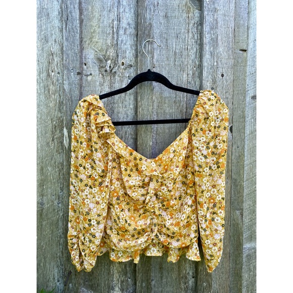 ASTR the label ruched sleeve sweetheart top mustard orange floral blouse small - Picture 5 of 11